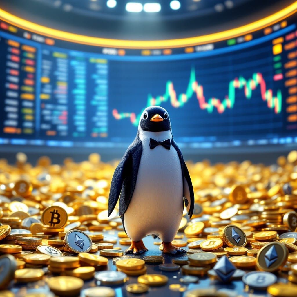 Confident Penguin Navigates Crypto Coins in a Futuristic Tra...