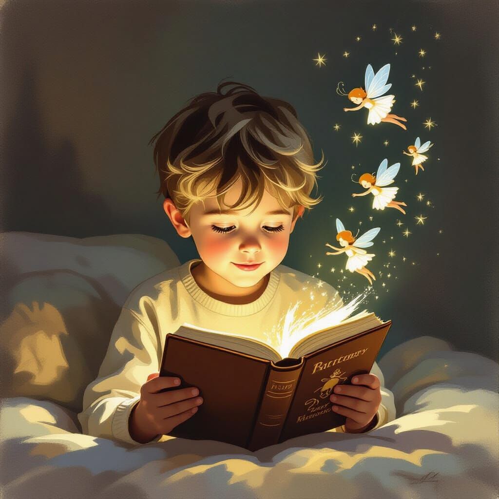 Boy Reads Book with Fairies, Painterly Illustration