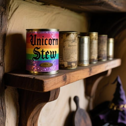 Mystical Unicorn Stew Soup Can on Witch's Shelf