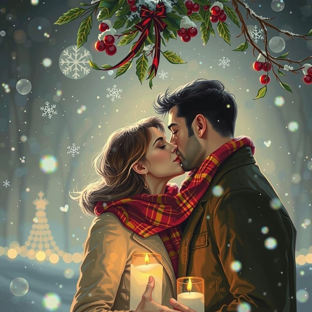 Romantic Winter Scene Under Mistletoe with Swirling Snowflak...