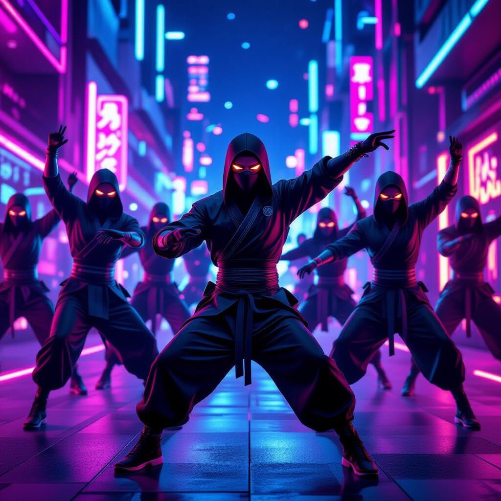 Ninjas Dancing in Vibrant Neon Lights