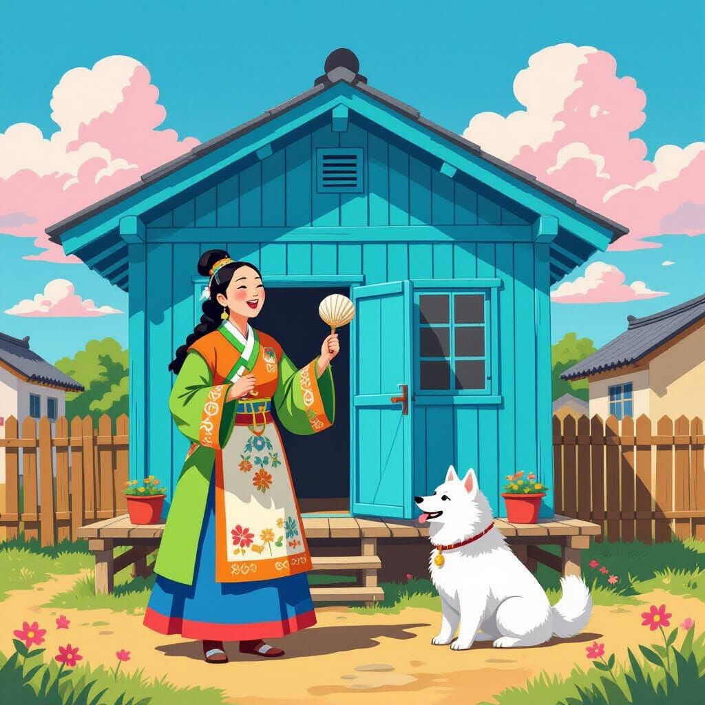 Korean Shaman Outside Stilt House in Folk Art Style