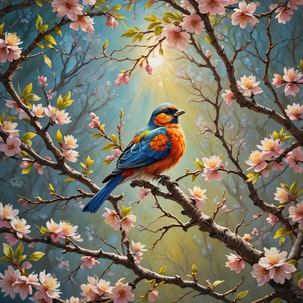 Bird on Spring Branch in Michelangelo Style