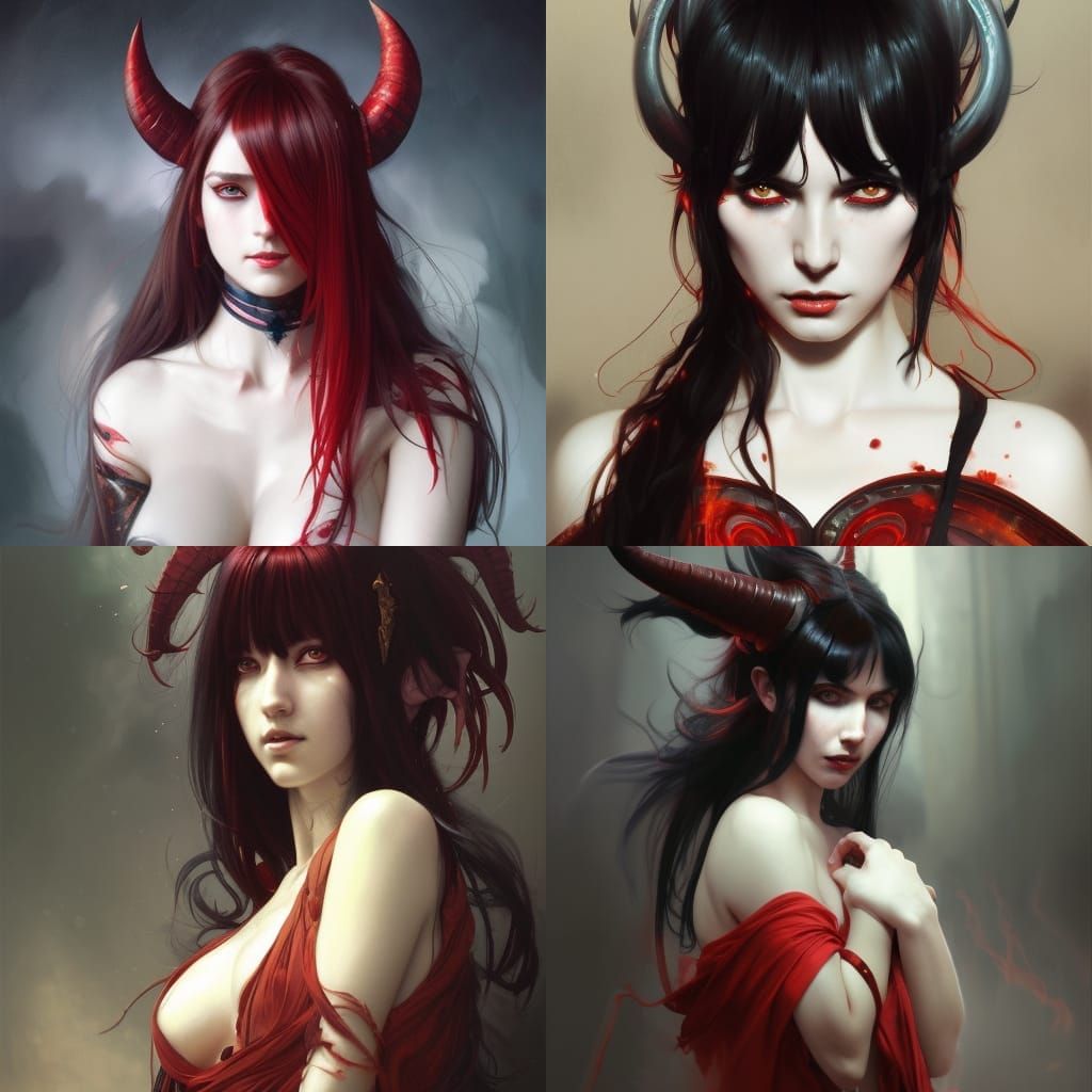 Detailed Portrait of a Demon Girl in Art Nouveau Style