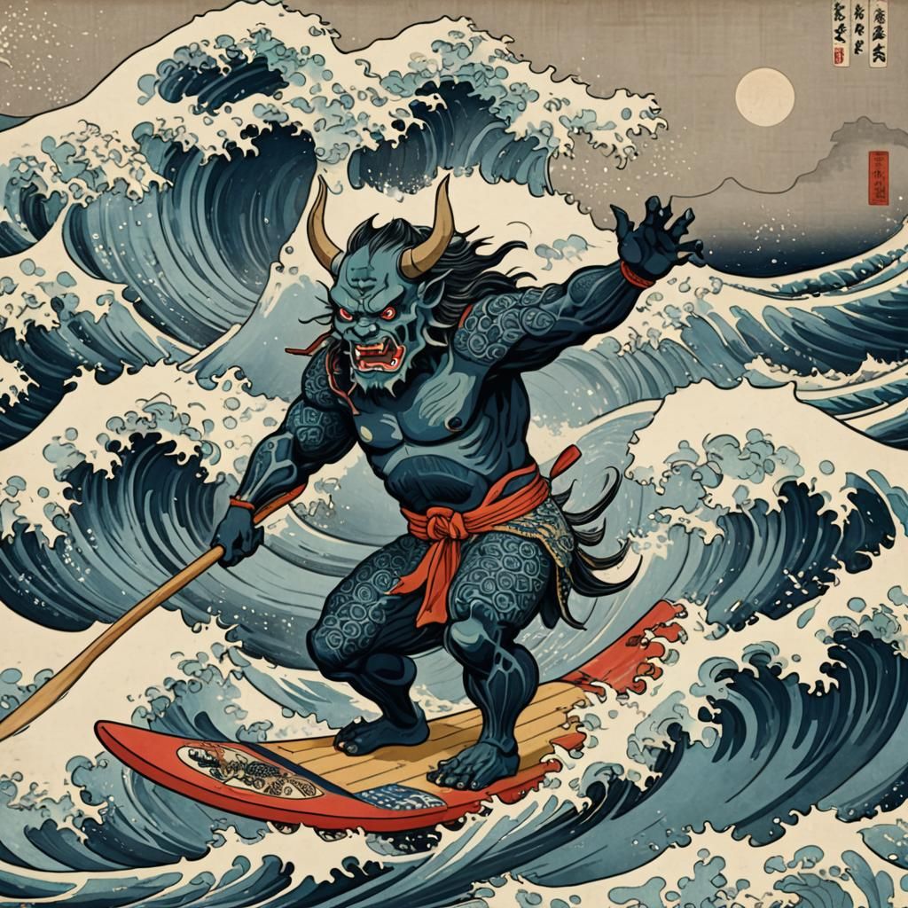 Oni Surfing The Great Wave: Ukiyo-e Style