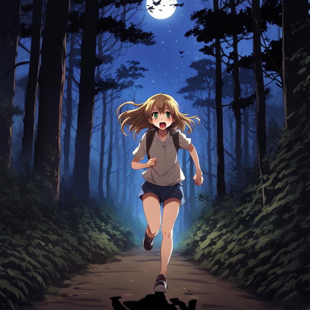 Frightened Girl Runs Through Forest in Anime Style