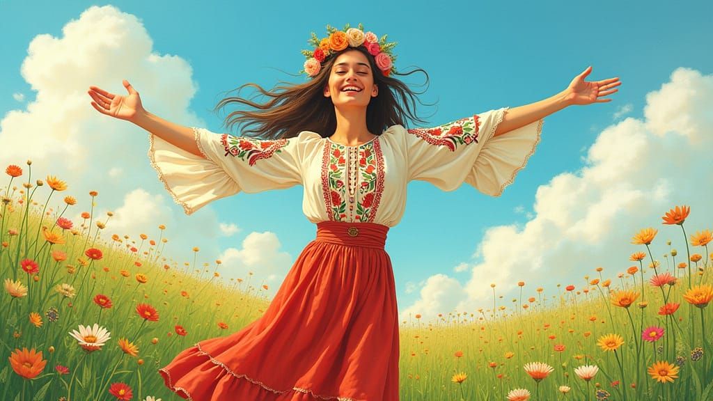 Joyful Young Woman in a Russian Folk Art Style