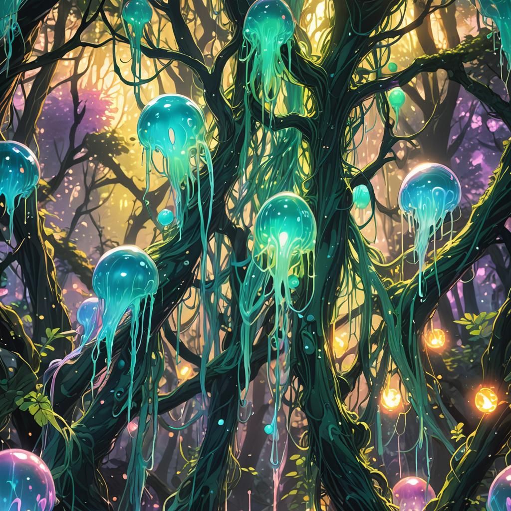 Iridescent Slime in Anime Style Forest