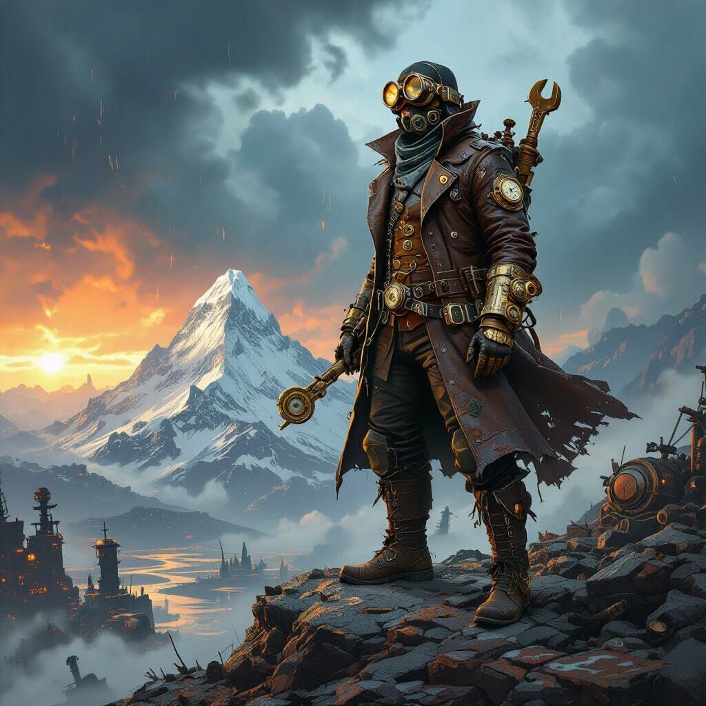 Steampunk Explorer Overlooks Post-Apocalyptic Crystal Landsc...