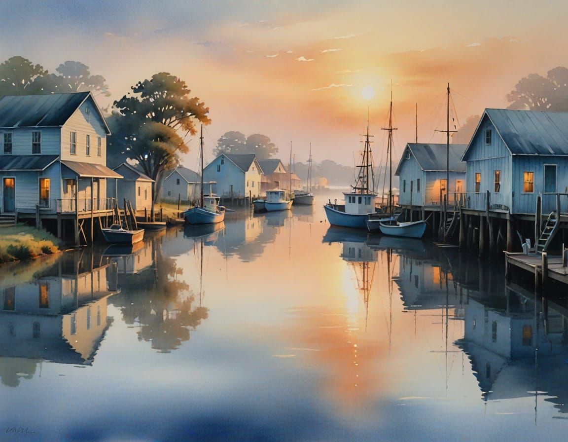 Tranquil Louisiana Fishing Village at Sunrise Watercolor