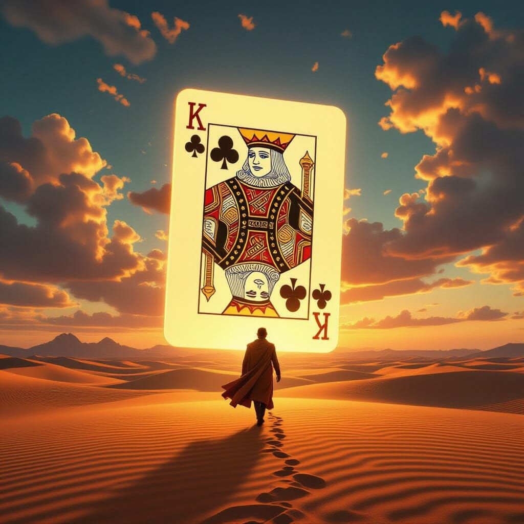 King of Clubs Emerges From Glowing Card Over Desert Landscap...