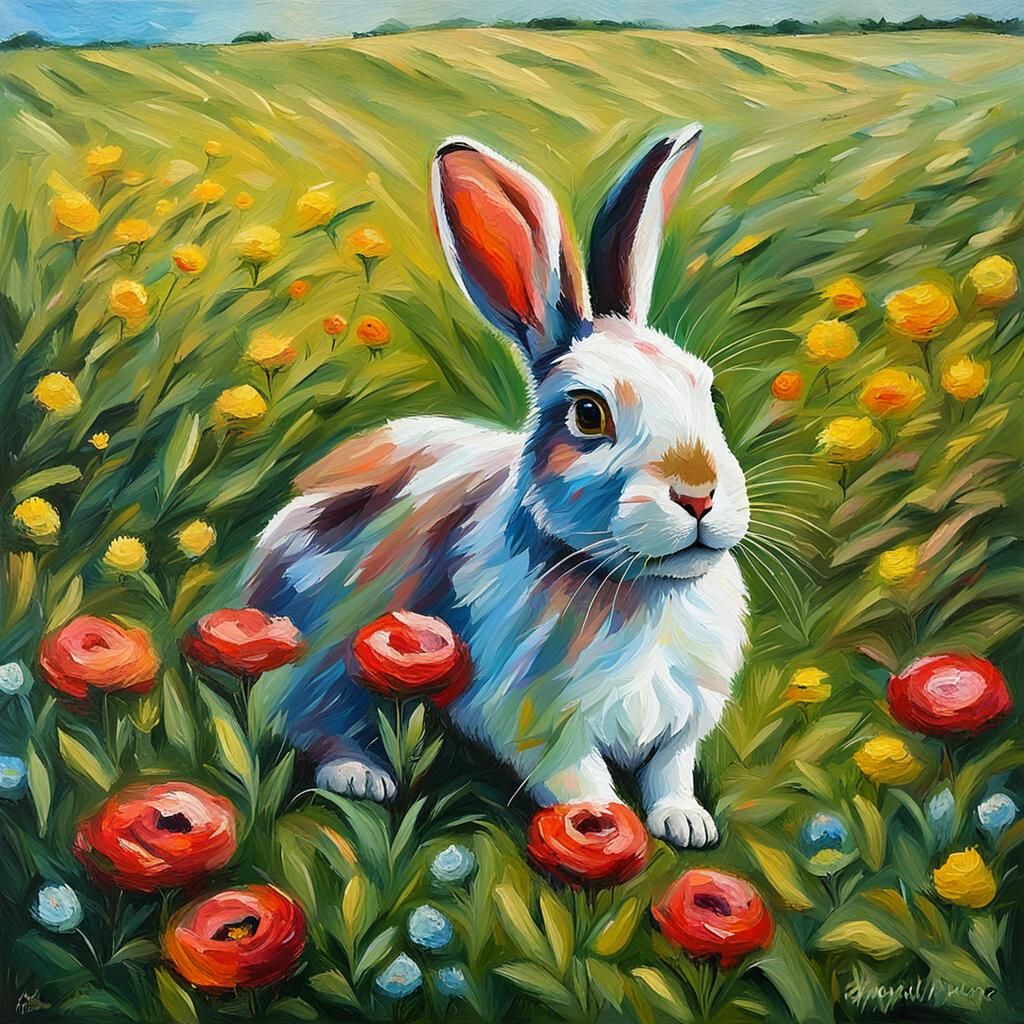 Vibrant Impasto Countryside Scene of a Gentle Rabbit Amidst...