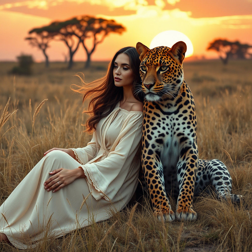 Woman and Leopard in Savannah, Classic Painting Style