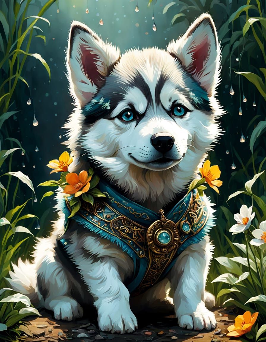 Adorable Baby Husky in Vibrant Floral Wonderland