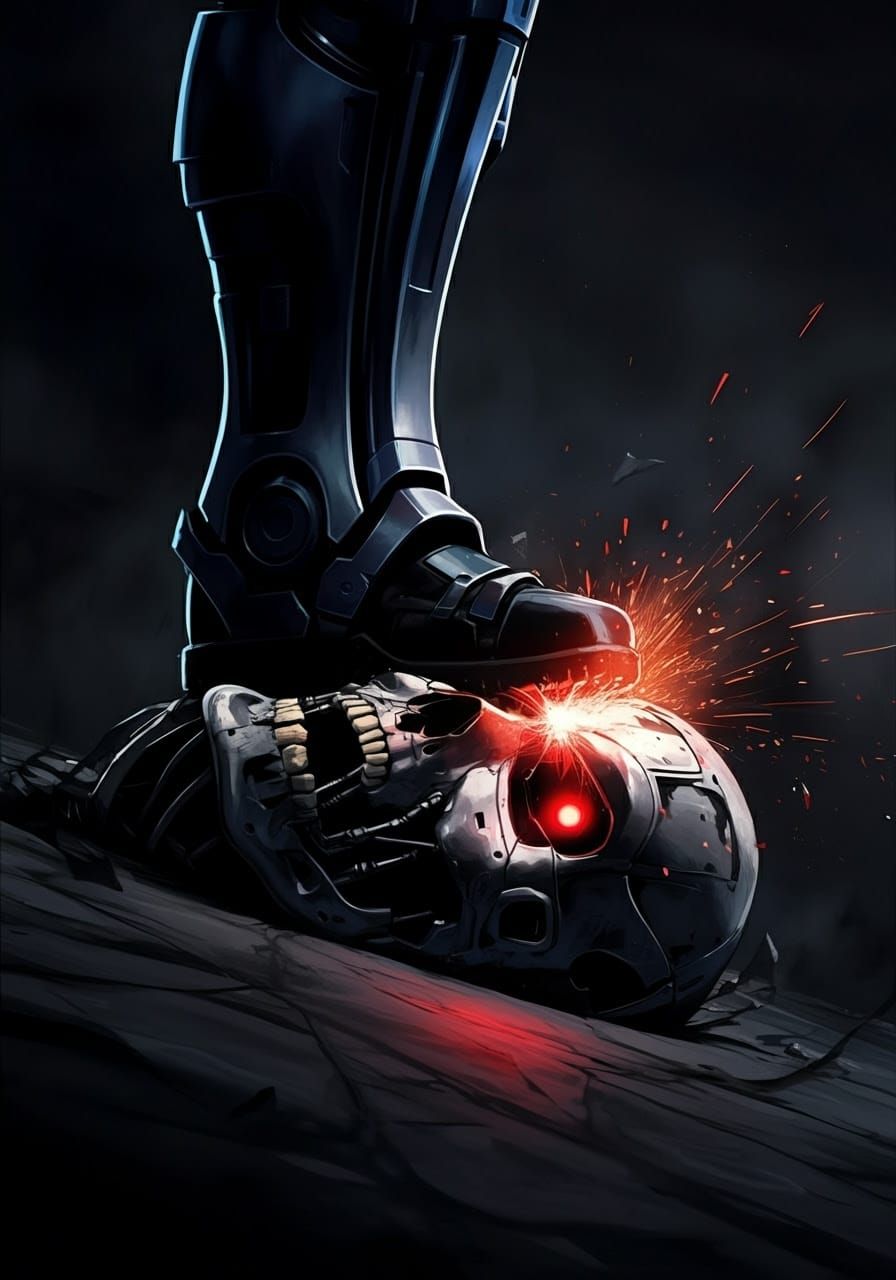 RoboCop crushing The Terminator's Endoskeleton Skull With His Metallic Foot (Promo style art)