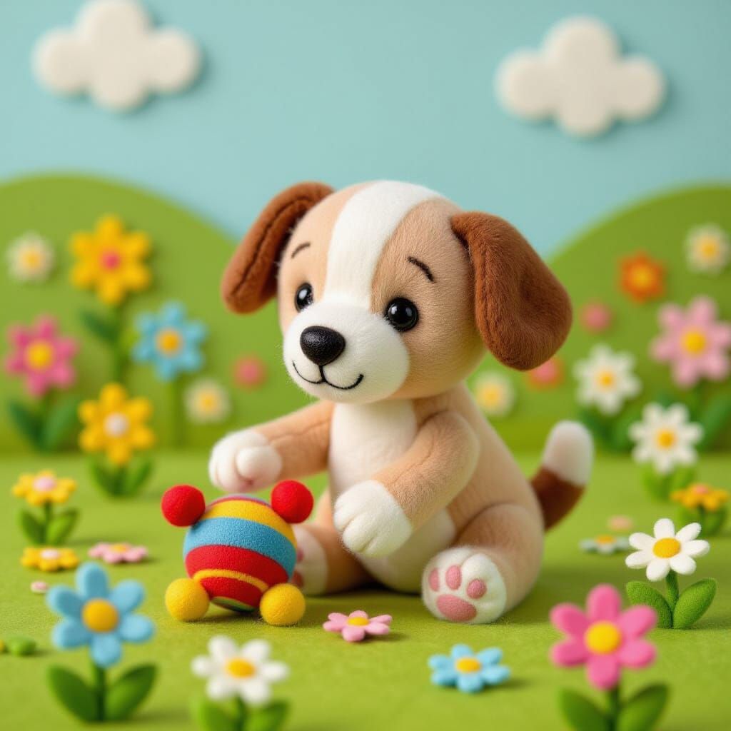 Felt Puppy Playing in Meadow as Folk Art