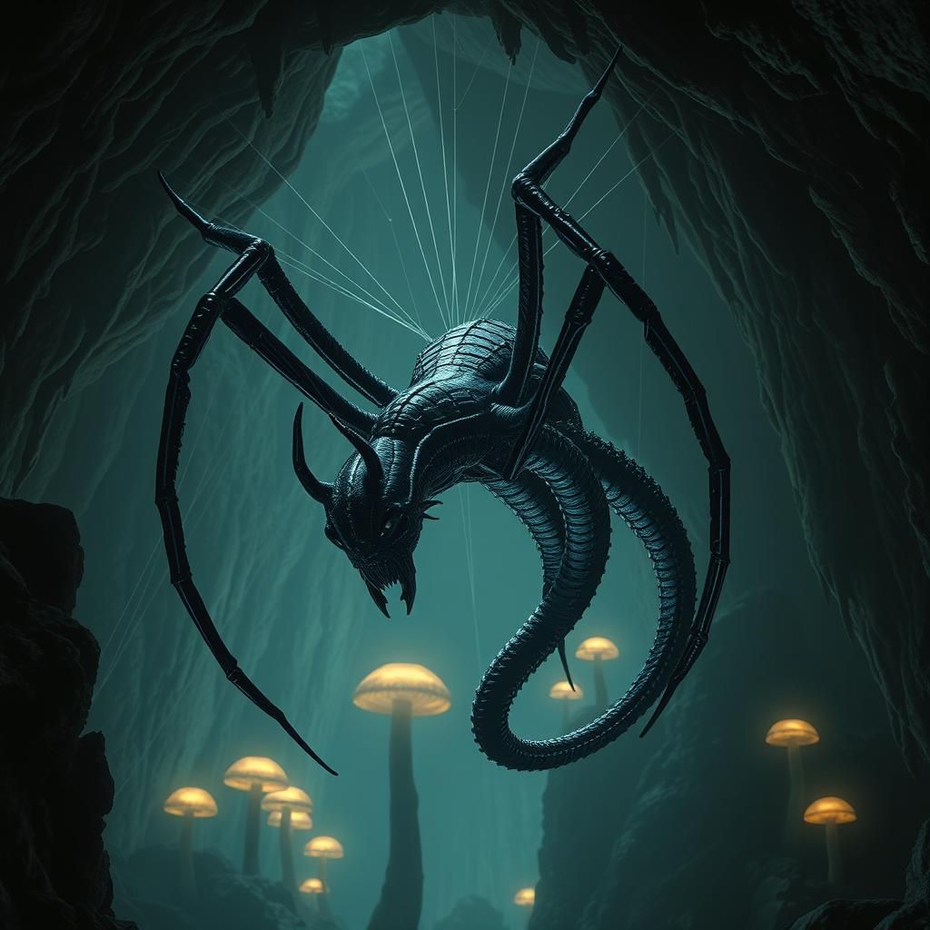 Horrifying Spider-Dragon in Giger Style Deep Cavern