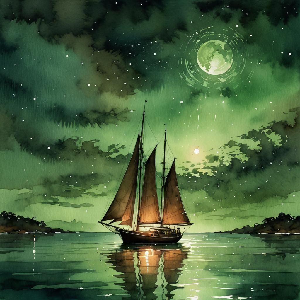Moonlit Sailboat: Digital Watercolor Illustration