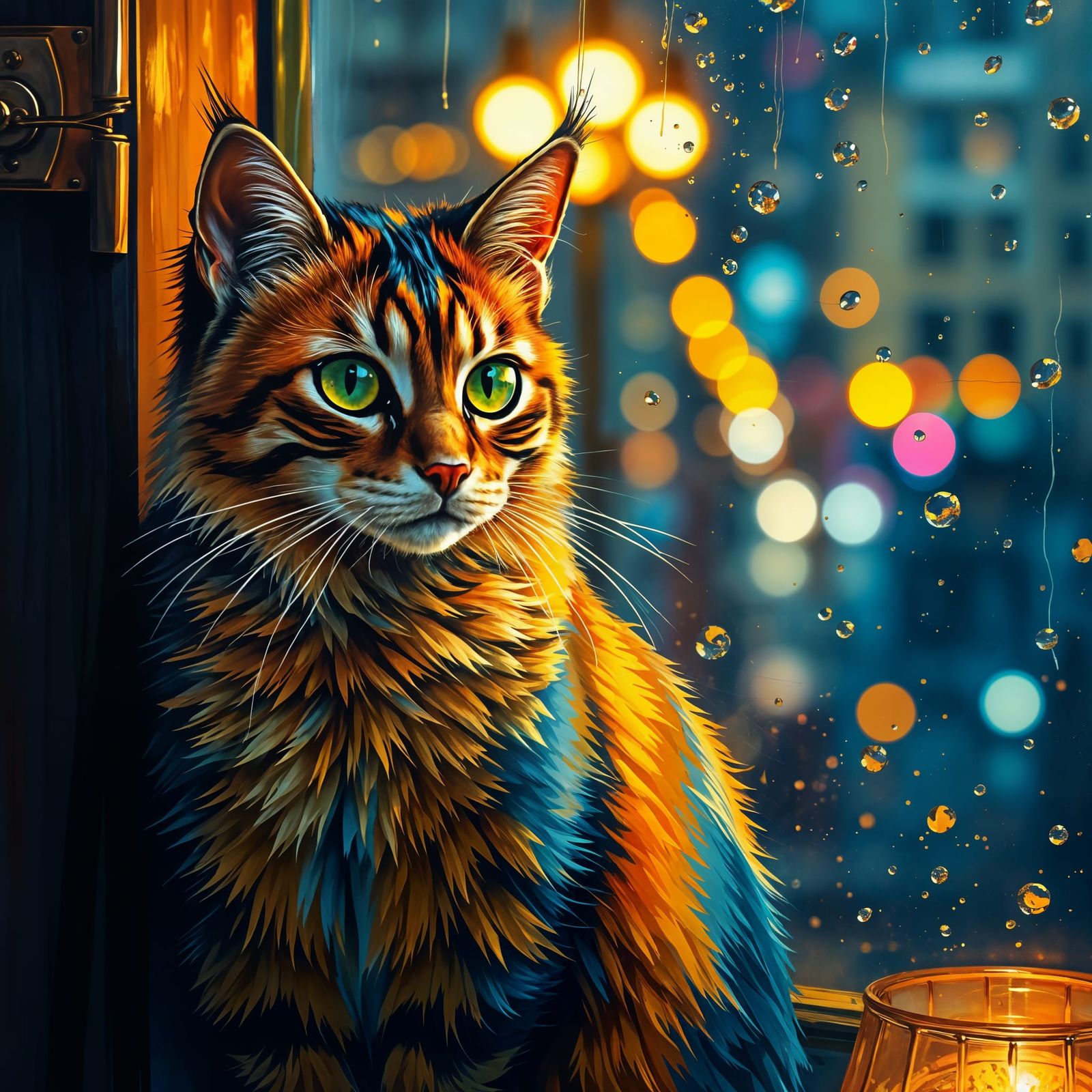 Vibrant Cat by Rainy Window in Impasto Style