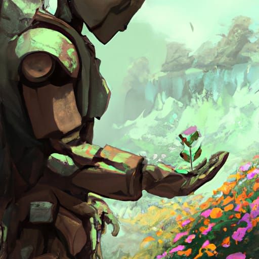 Moss Covered Robot Holds Flower in Comic Art