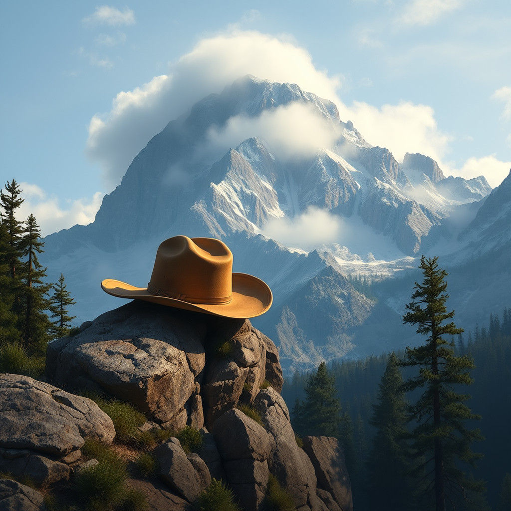 Cowboy Hat on Mountain Peak: Romantic Landscape