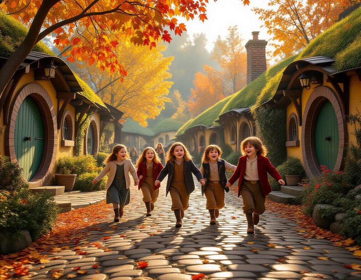 Hobbit Children Play in Autumnal Hobbiton