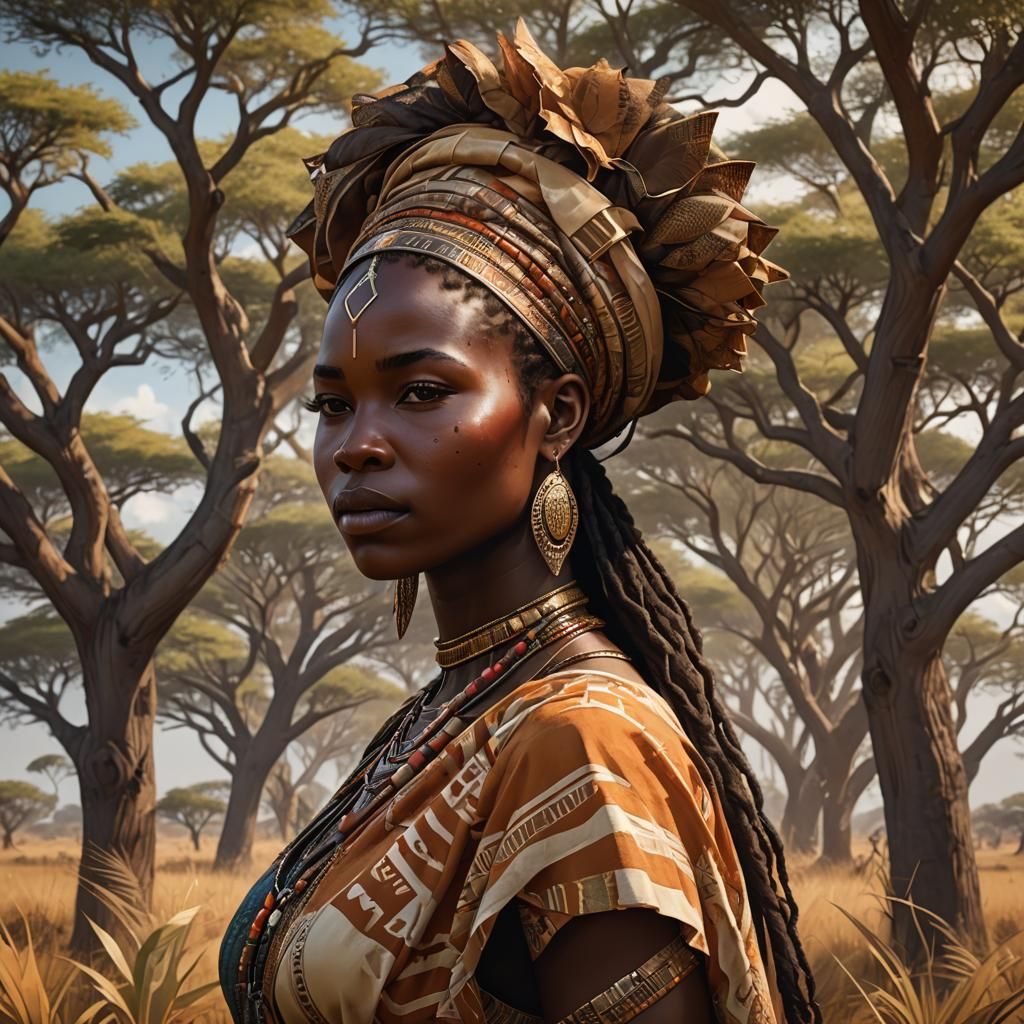 African Woman Pregnant with Twins in Savanna, Art Nouveau