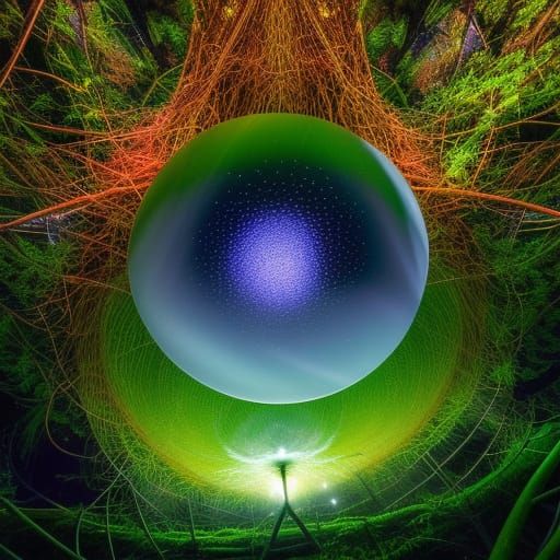 Woman Gazing at Sphere in Fungi Network, Digital Art