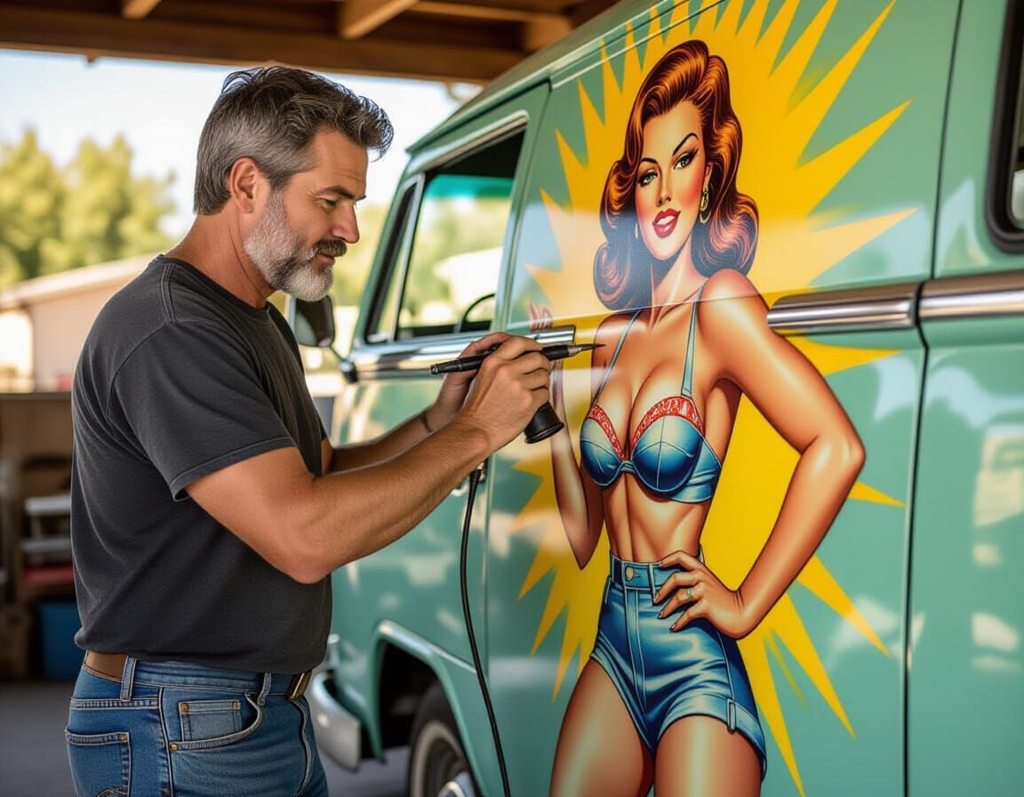 Vintage Pinup Mural in Garage, Airbrush Art