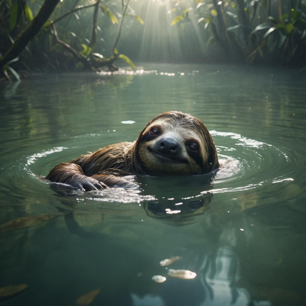 Sloth Swimming in Misty Water: Cinematic Still