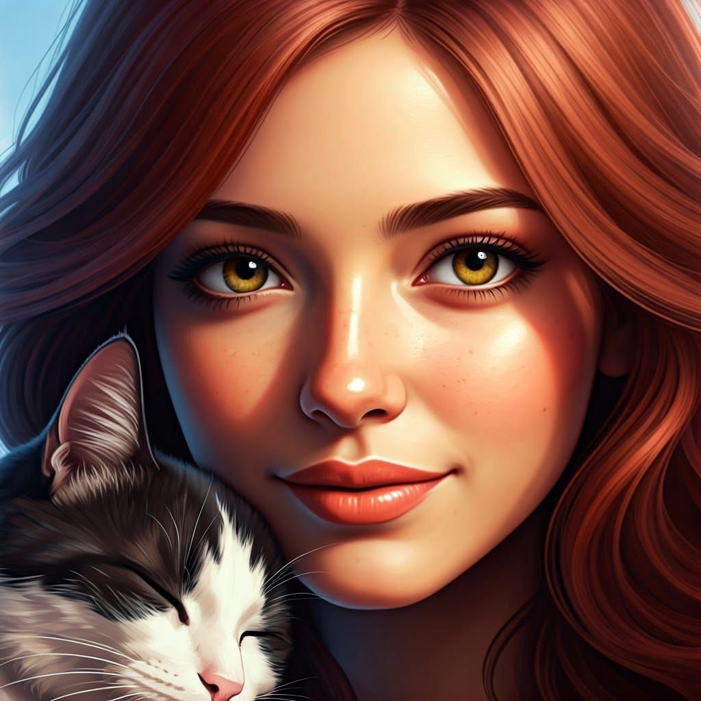 Woman and Cat in Intimate Close-up, Soft Lighting and Rich C...