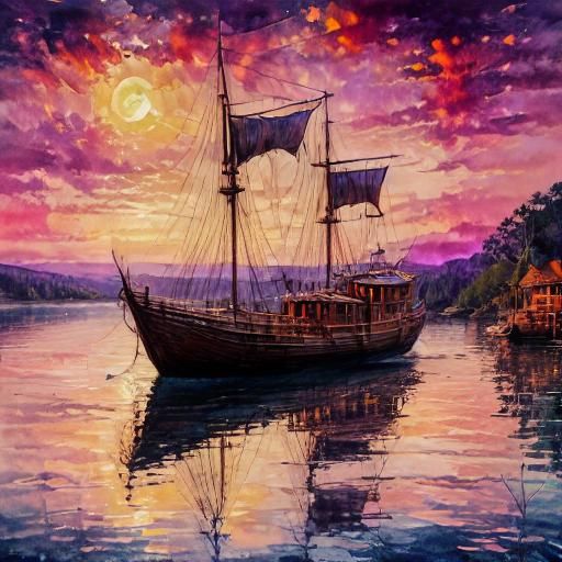 Romantic Sunset Lake Boat in Gouache Style