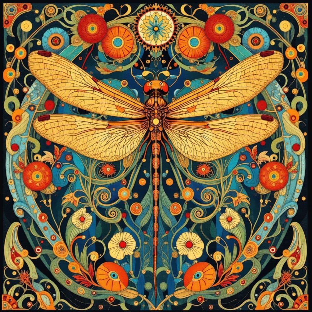Dragonfly in Mirrored Sections, Art Nouveau Style