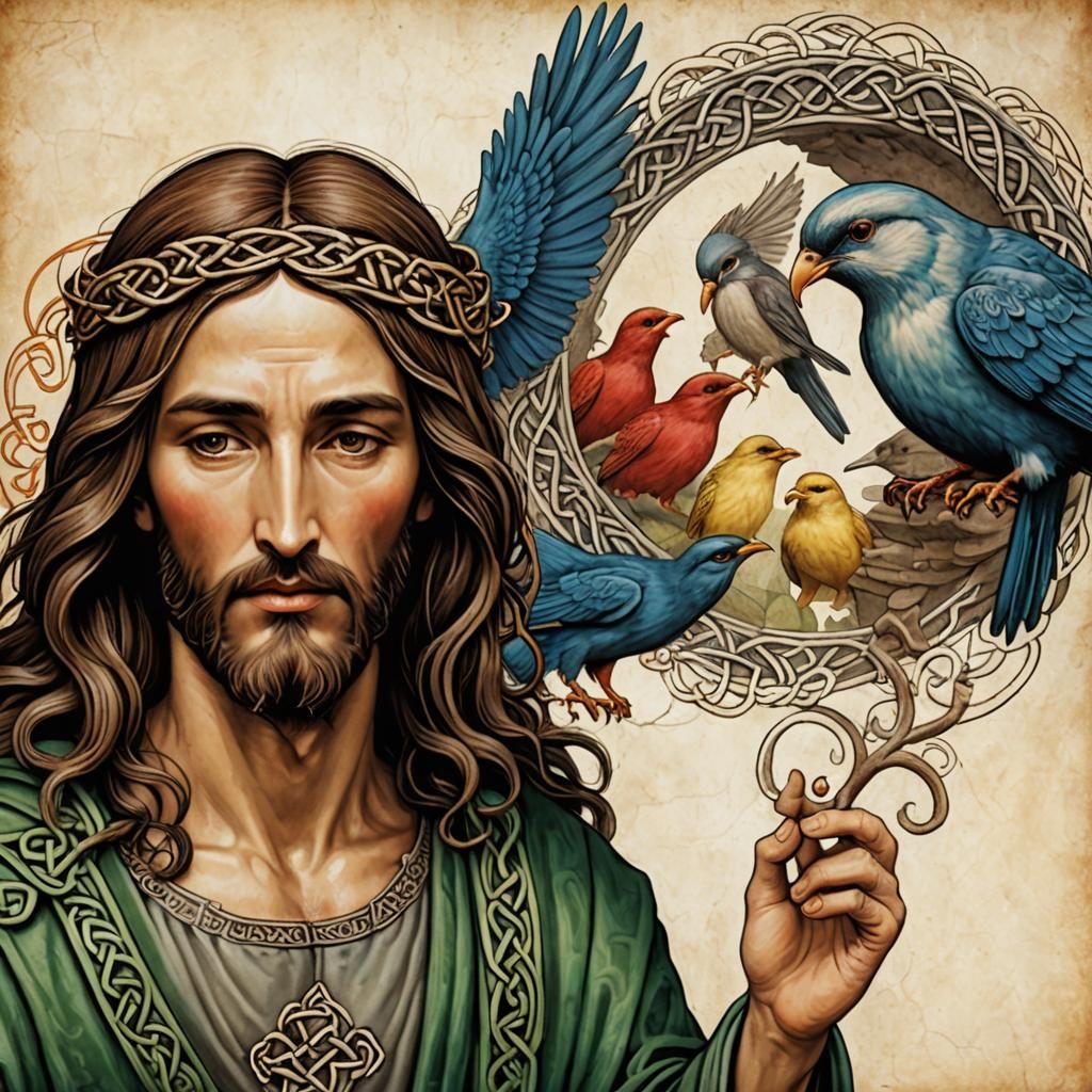 Jesus Christ with Birds and Celtic Knotwork