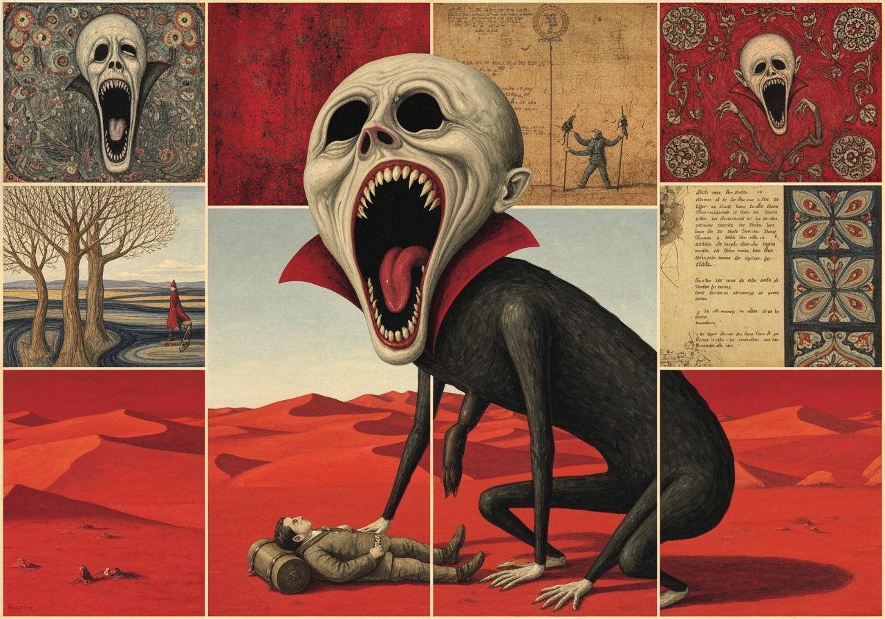 Surreal Vampire Feasting in Red Wasteland Collage