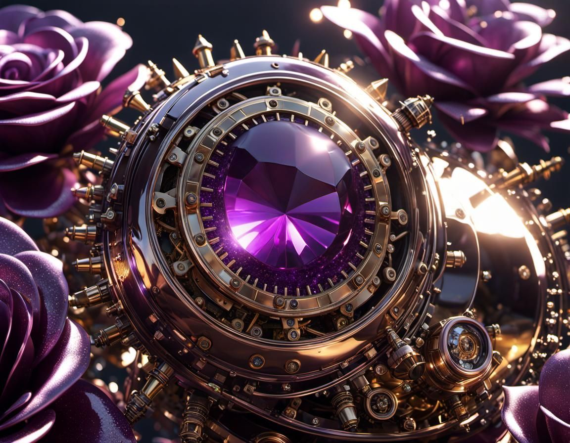 Steampunk Crystal Robot in Snowy Synthwave Garden