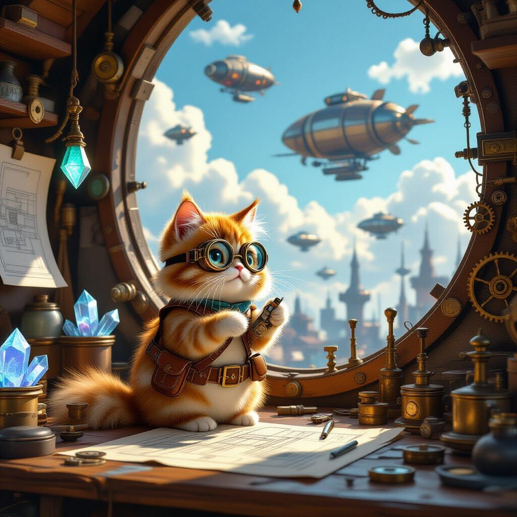 Steampunk Cat Tinkerer in Cozy Workshop