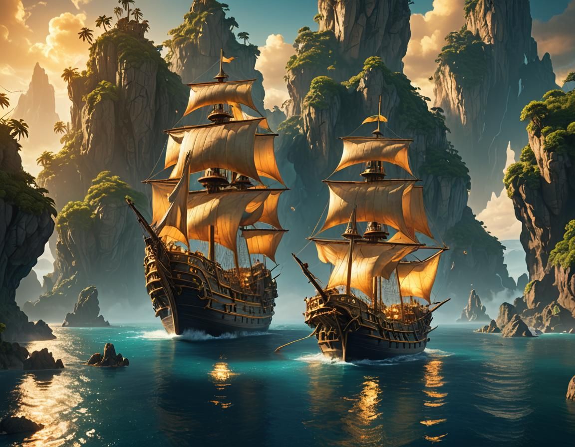 Golden Pirate Ship Sails Mystical Floating Islands
