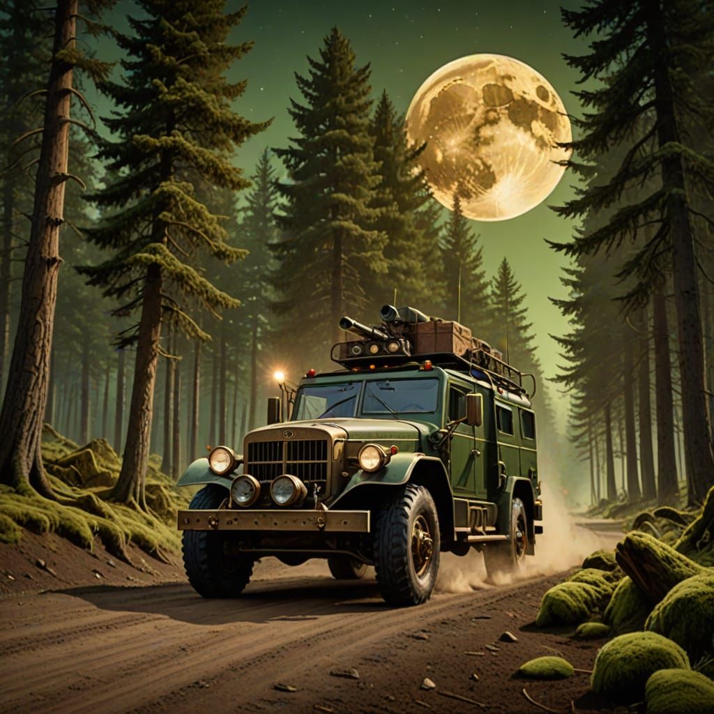 Diesel Punk Armoured Car Under Green Moonlit Forest