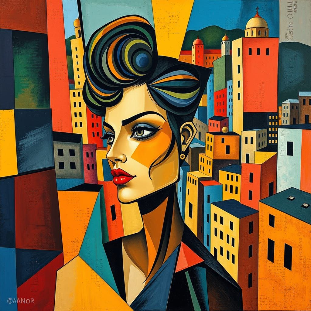 Abstract Cityscape with Woman in Cubist Style