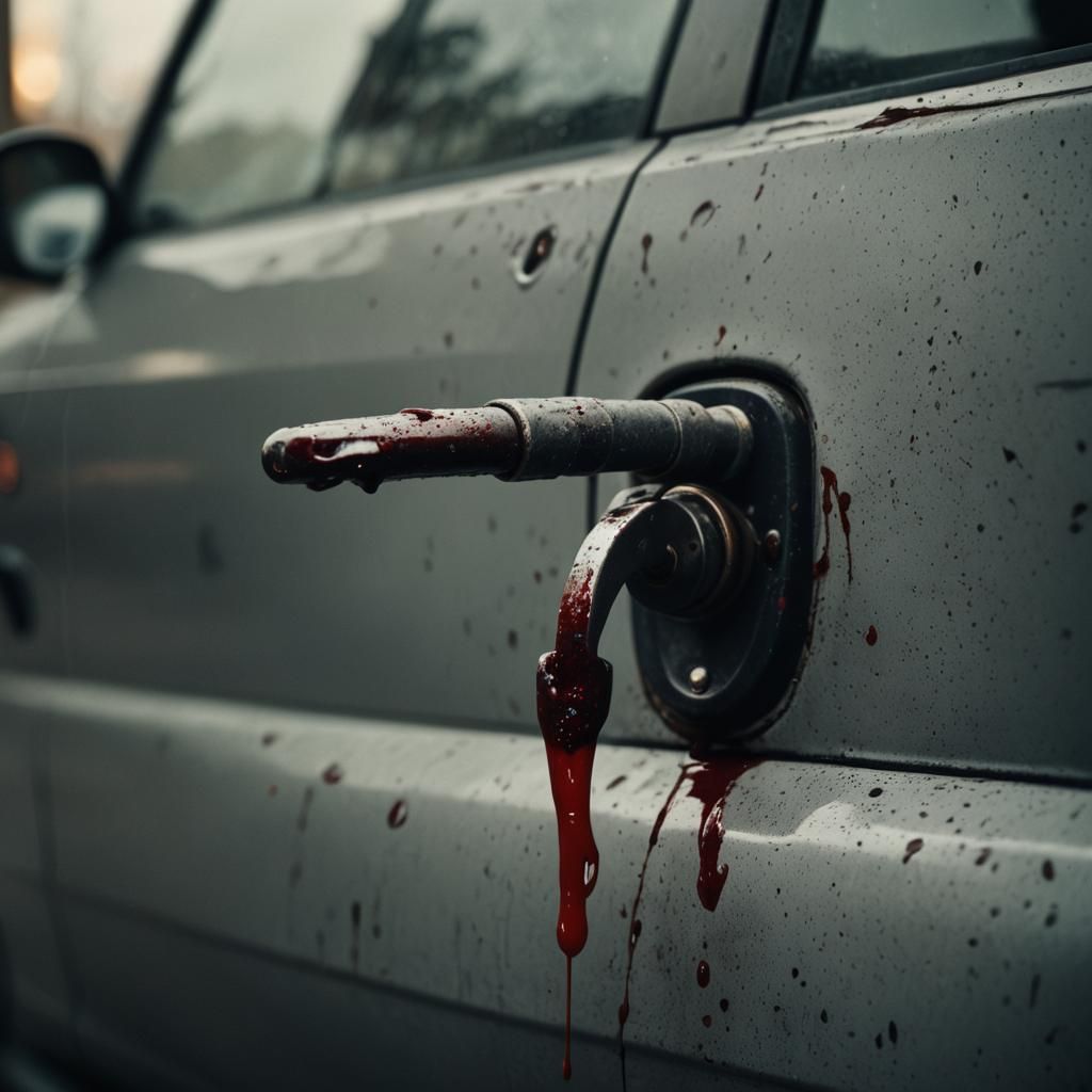 bloody hook hanging on car door handle