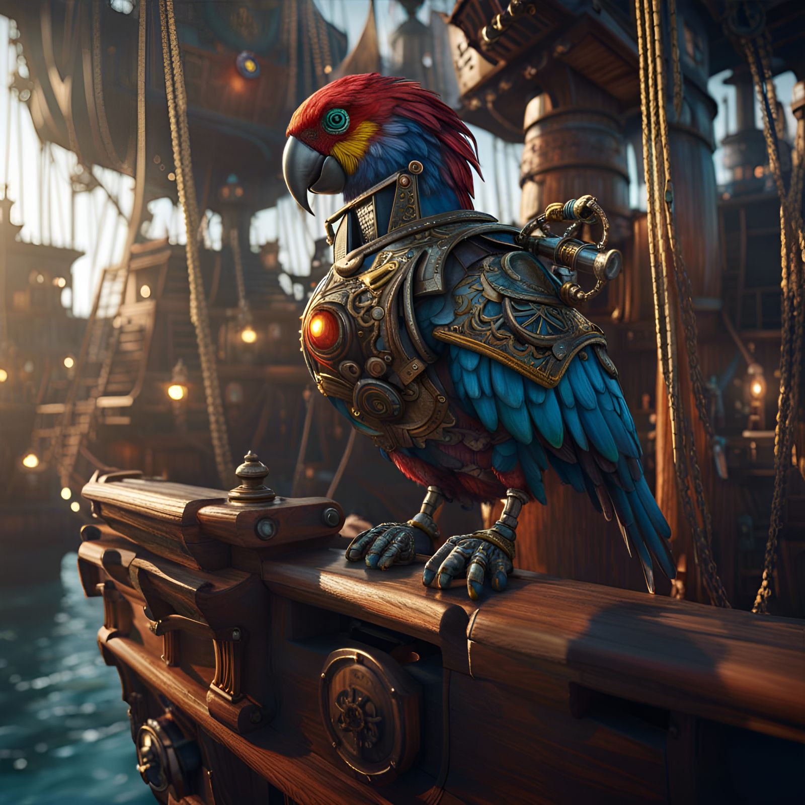 Robot Parrot on Pirate Ship: Detailed Matte Painting