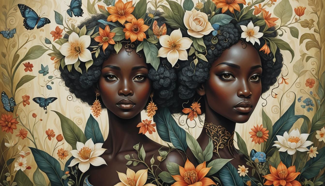 Surreal Melanin Woman with Exotic Flowers
