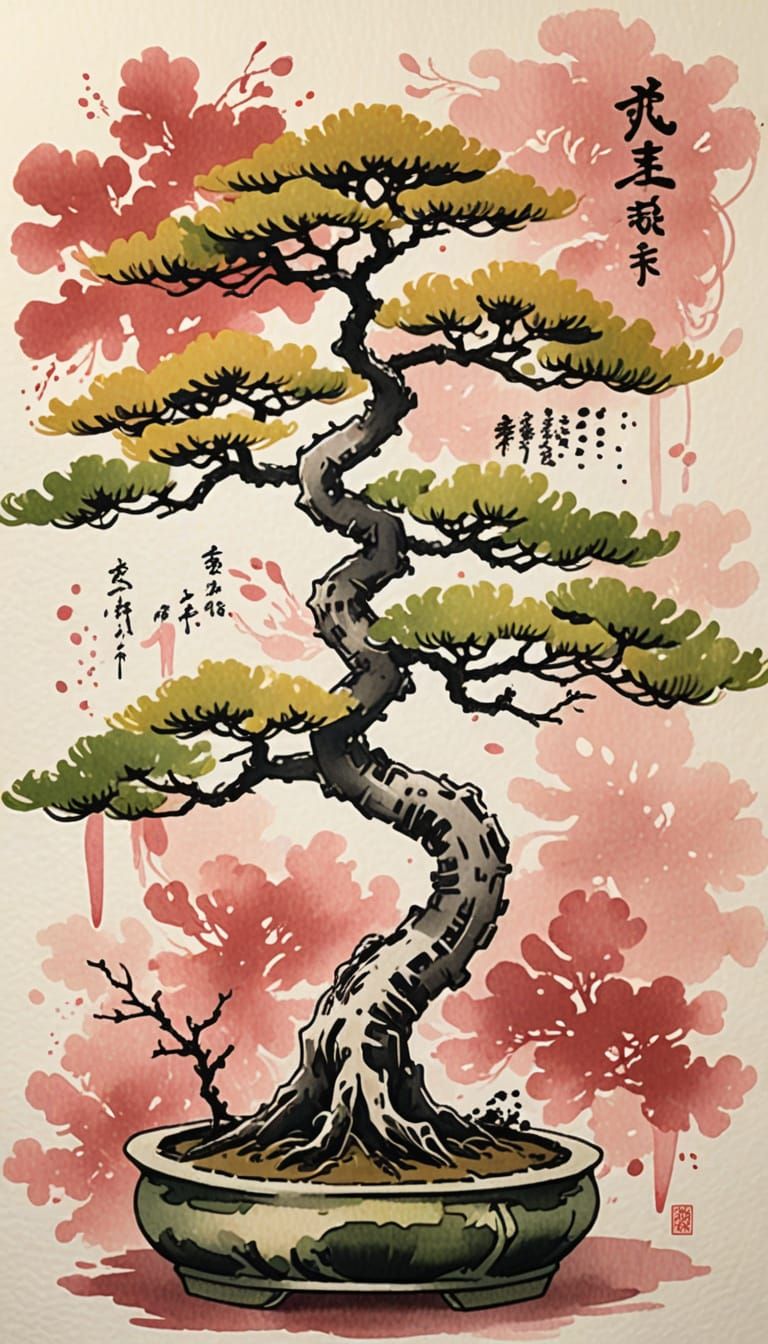 Bonsai and Kanji in Sumi-e Ink Style