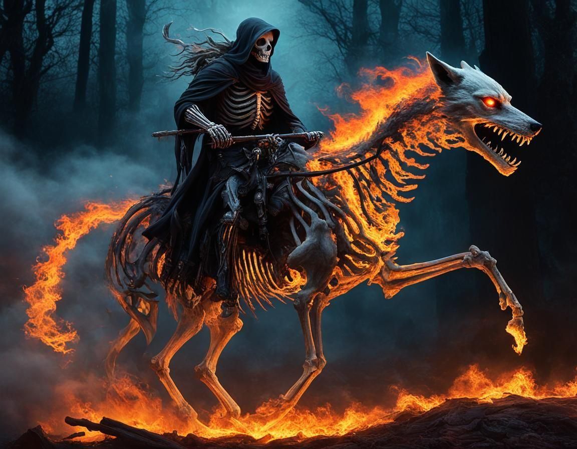 Skeleton Wraith Rides Through Apocalyptic Landscape