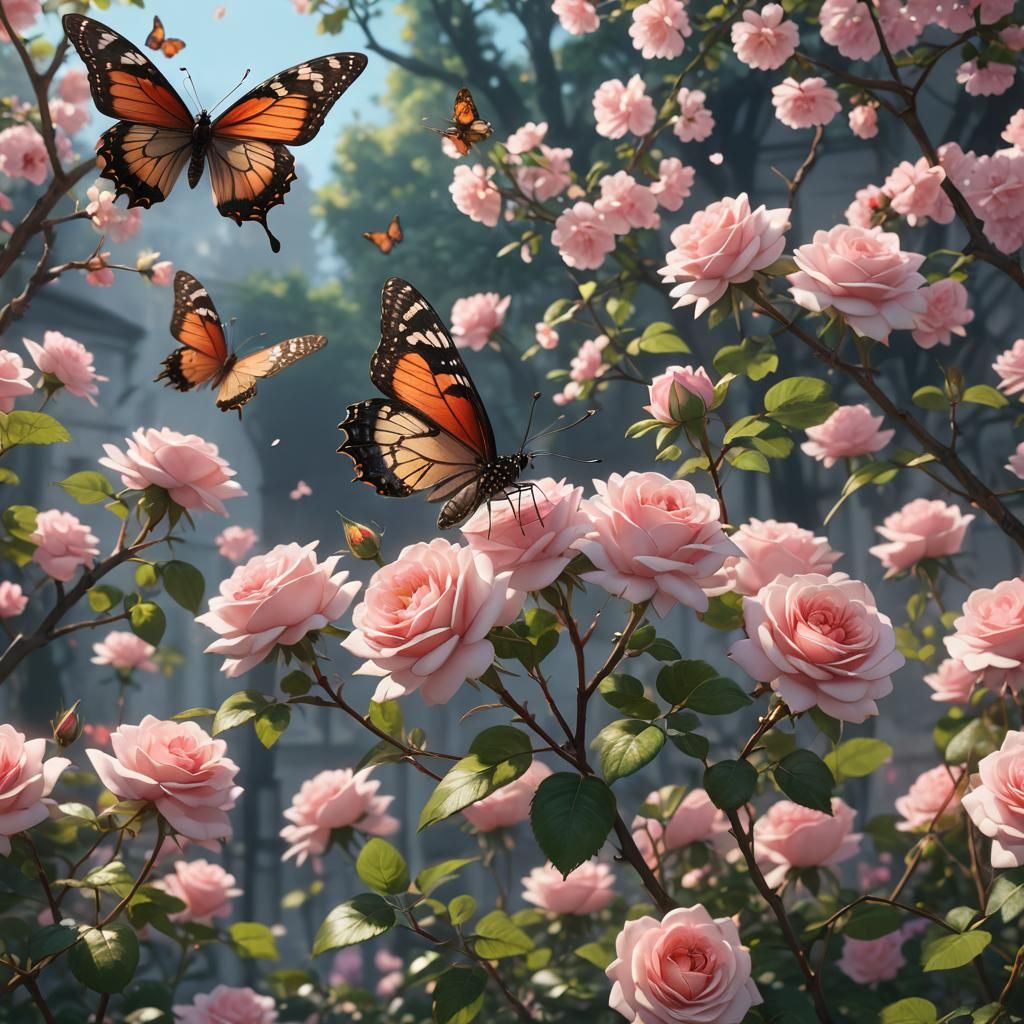 Rose Blossom with Butterfly: 3D Anime Art