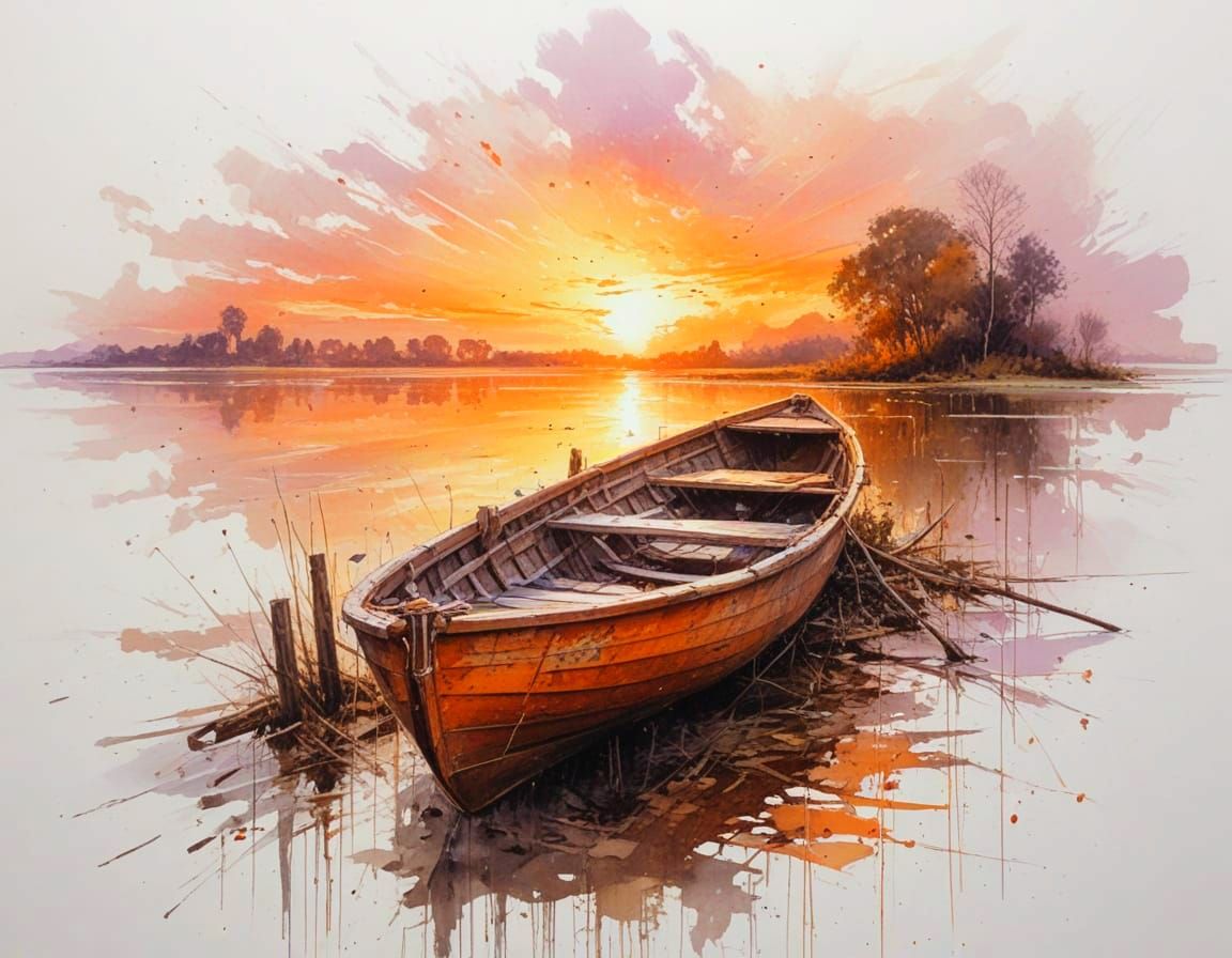 Impressionist Sunset Over Calm Lake with Rowboat