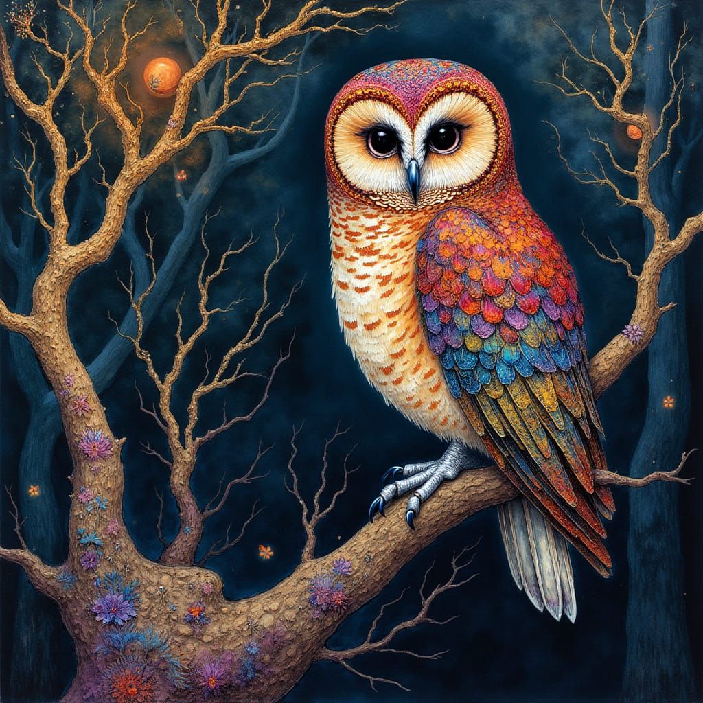 Surreal Golden Owl Amidst Twisted Forest