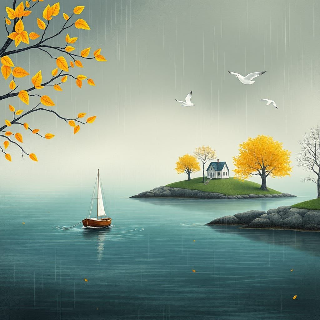 Surreal Coastal Scene with Boat and Cottages