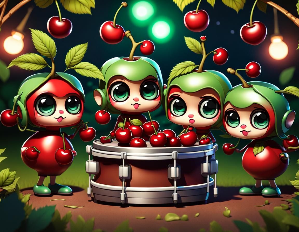 Chibi Cherries Tango Party in Garden at Night